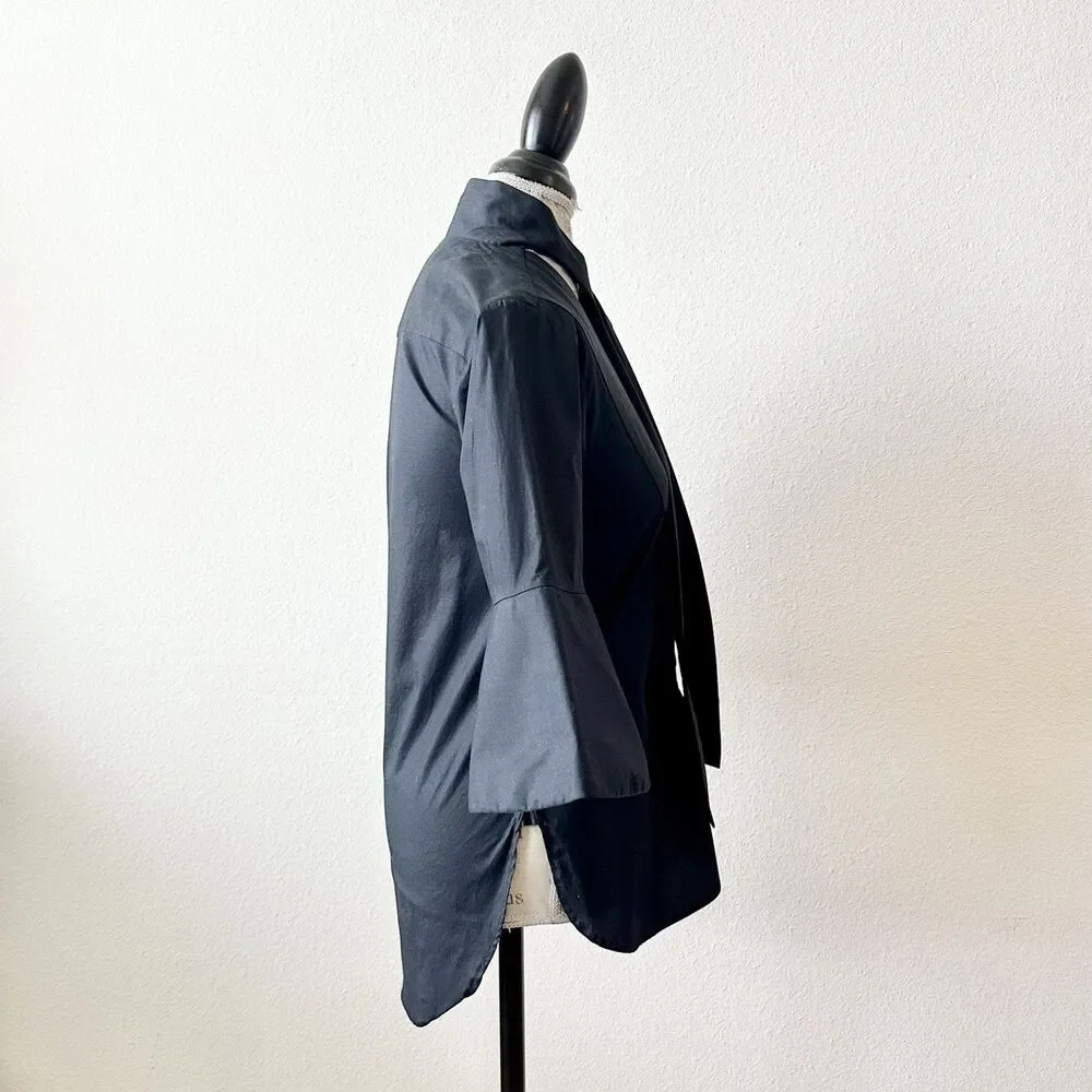 Palmer Harding Black Stretch Cotton V-neck Blouse Tie Neck Bell Sleeve Sz 0/2_3